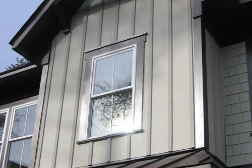 Closeup of James Hardie gray siding.